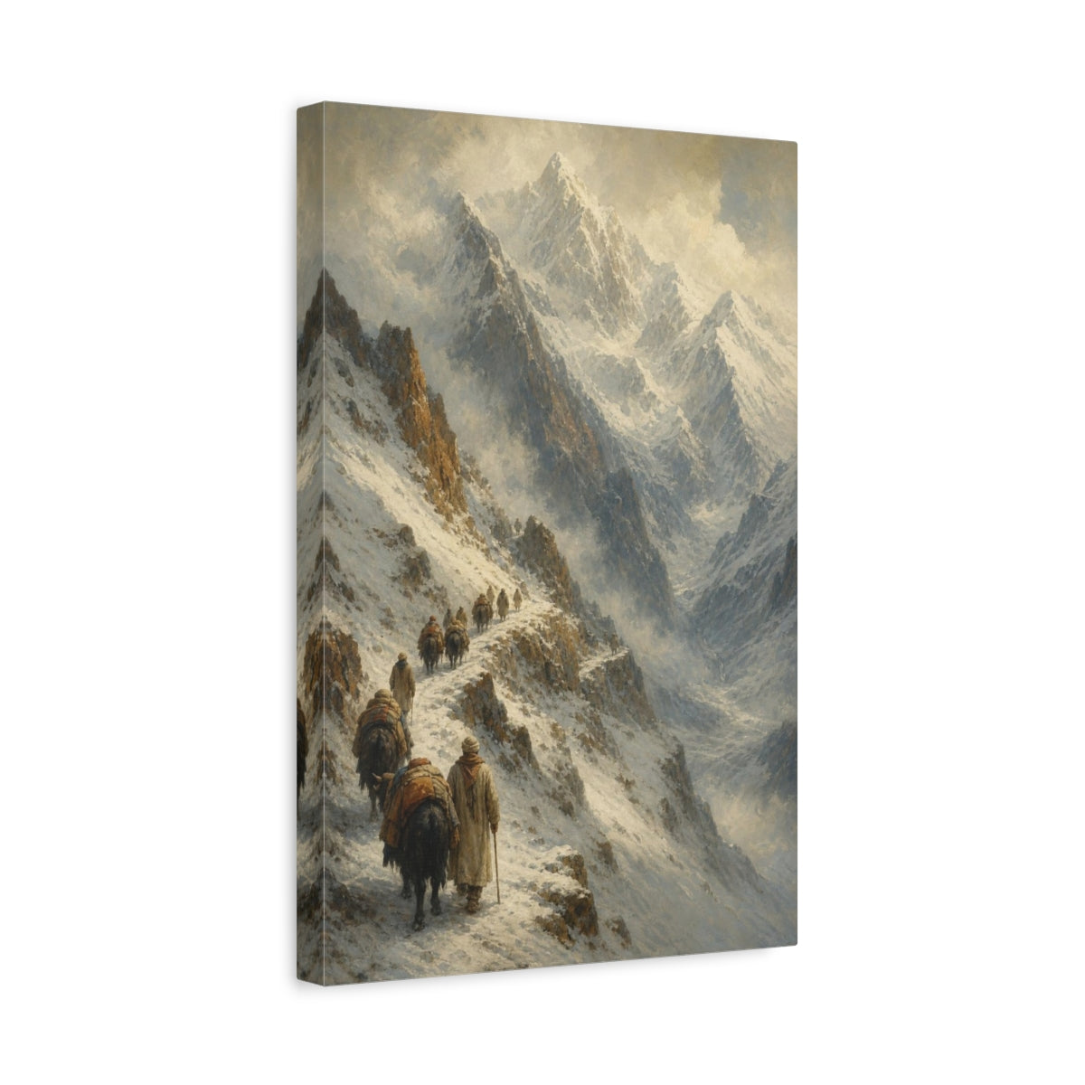 Side Mockup 4. Caravan Through Snowy Pass shown as canvas print