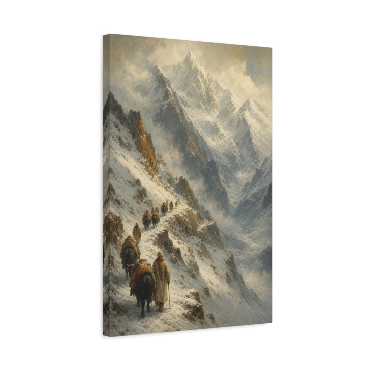 Side Mockup 3. Caravan Through Snowy Pass shown as canvas print