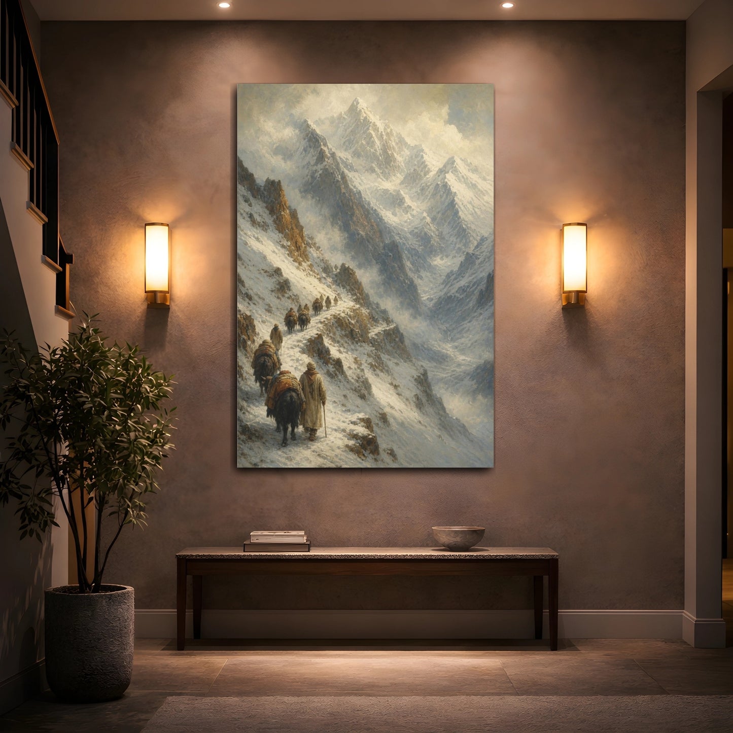 Mockup 2. Caravan Through Snowy Pass shown as canvas print