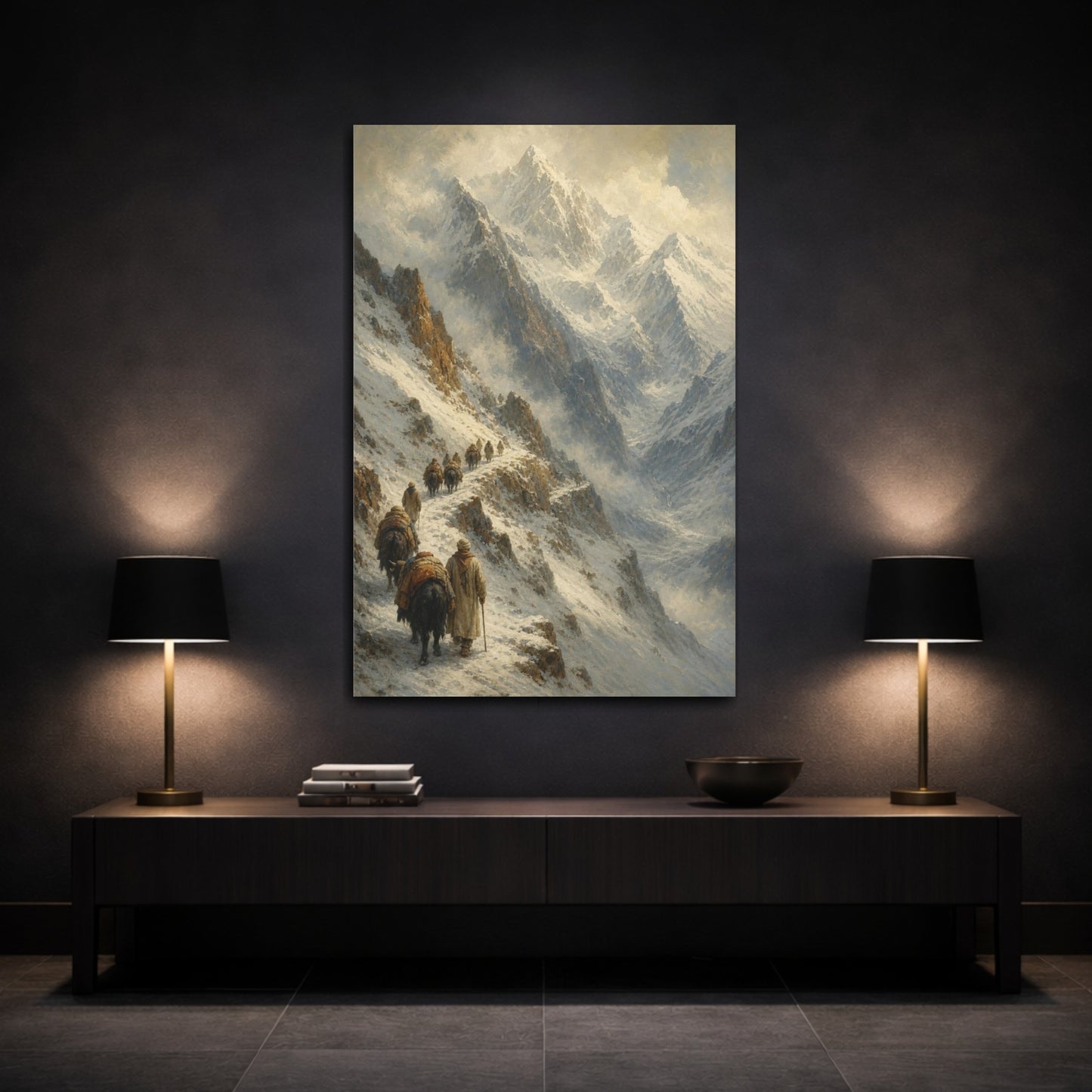Mockup 3. Caravan Through Snowy Pass shown as canvas print