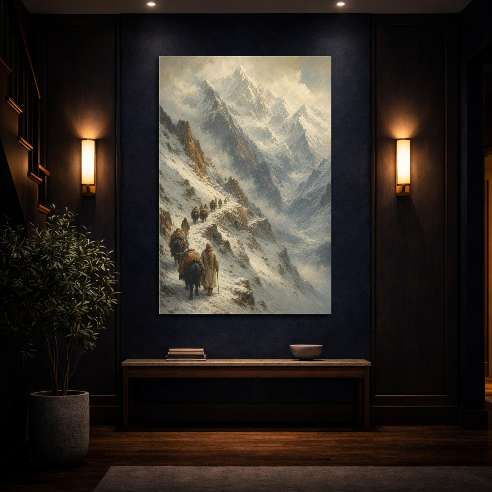 Mockup 4. Caravan Through Snowy Pass shown as canvas print