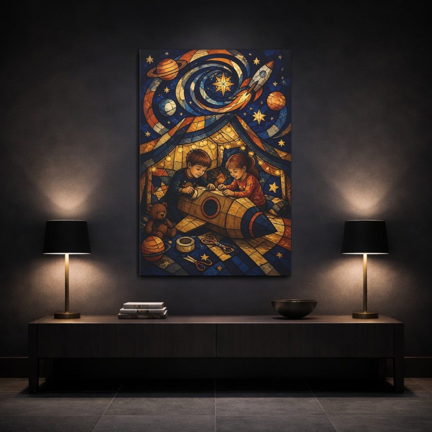 Cardboard Rocket Adventure Canvas Print – Kids Room, Above Toy Storage - YesArtYes