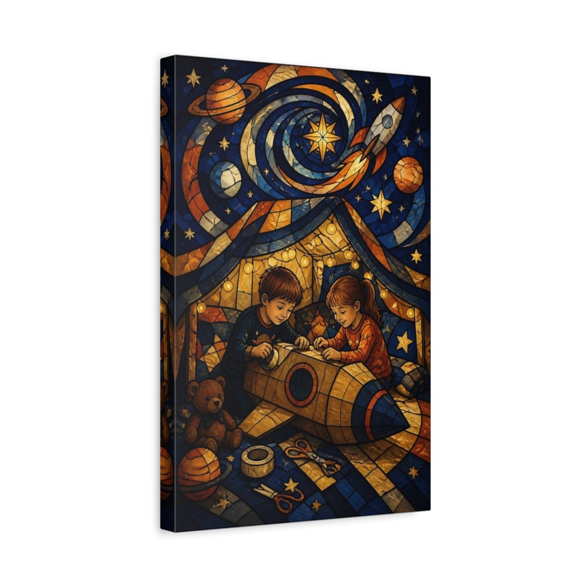 Cardboard Rocket Adventure Canvas Print – Kids Room, Above Toy Storage - YesArtYes
