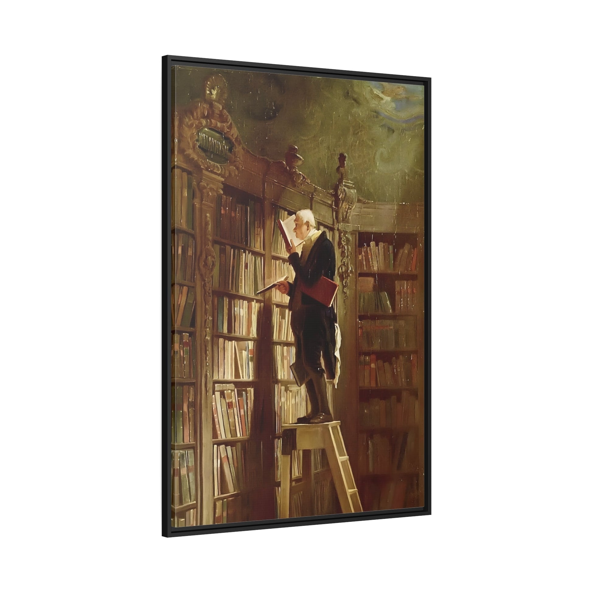 Carl Spitzweg Bookworm - Framed Canvas Art Reproduction in Black Pinewood Frame