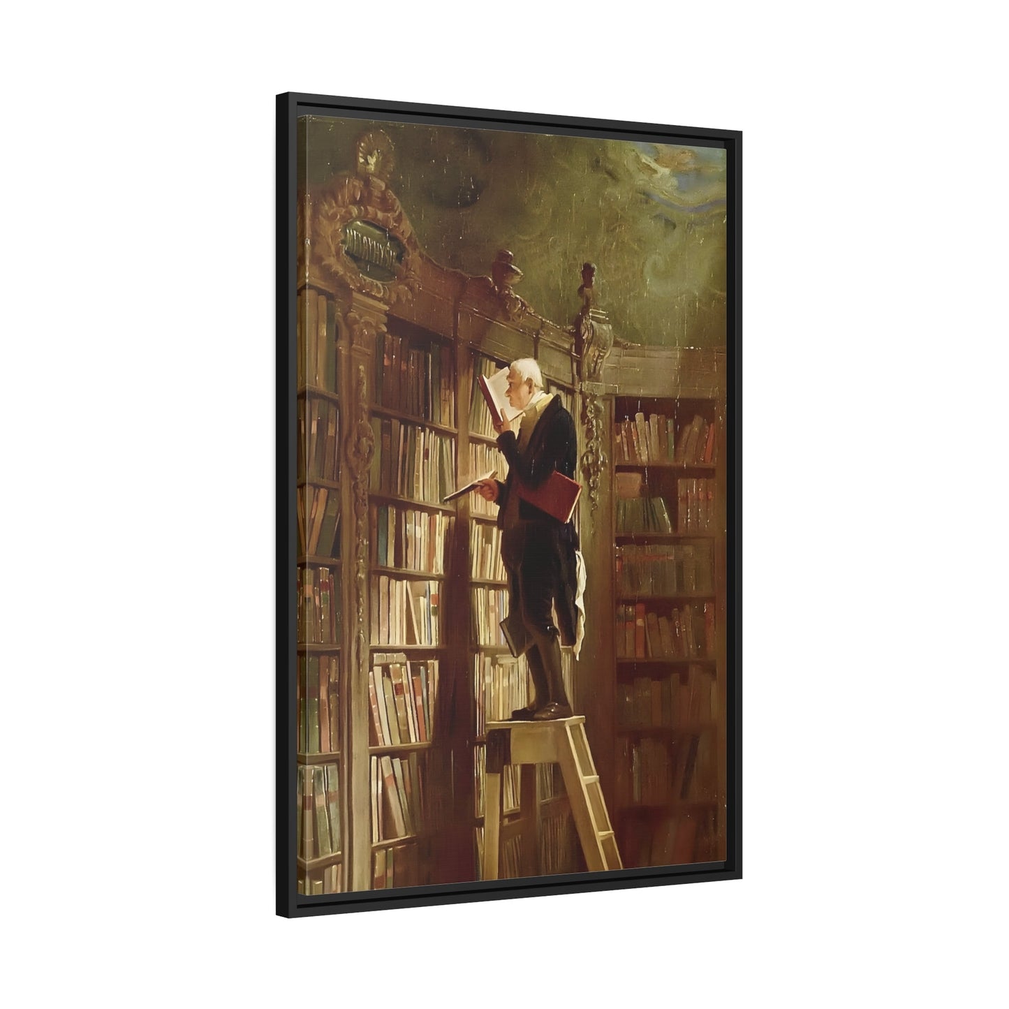 Carl Spitzweg Bookworm - Framed Canvas Art Reproduction in Black Pinewood Frame