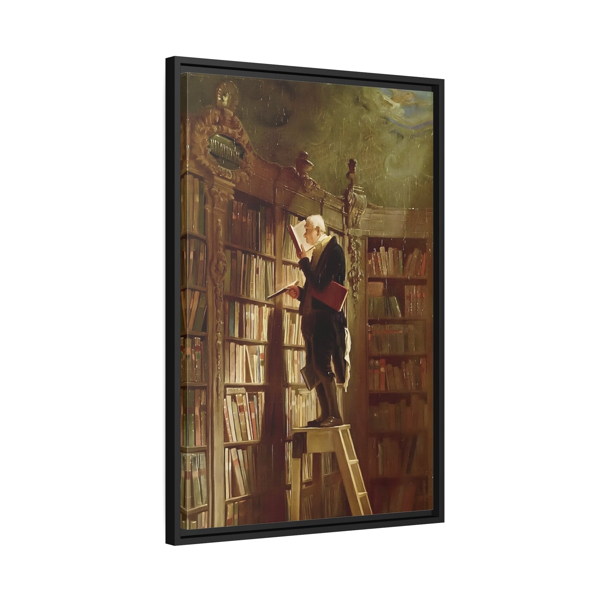 Carl Spitzweg Bookworm - Framed Canvas Art Reproduction in Black Pinewood Frame