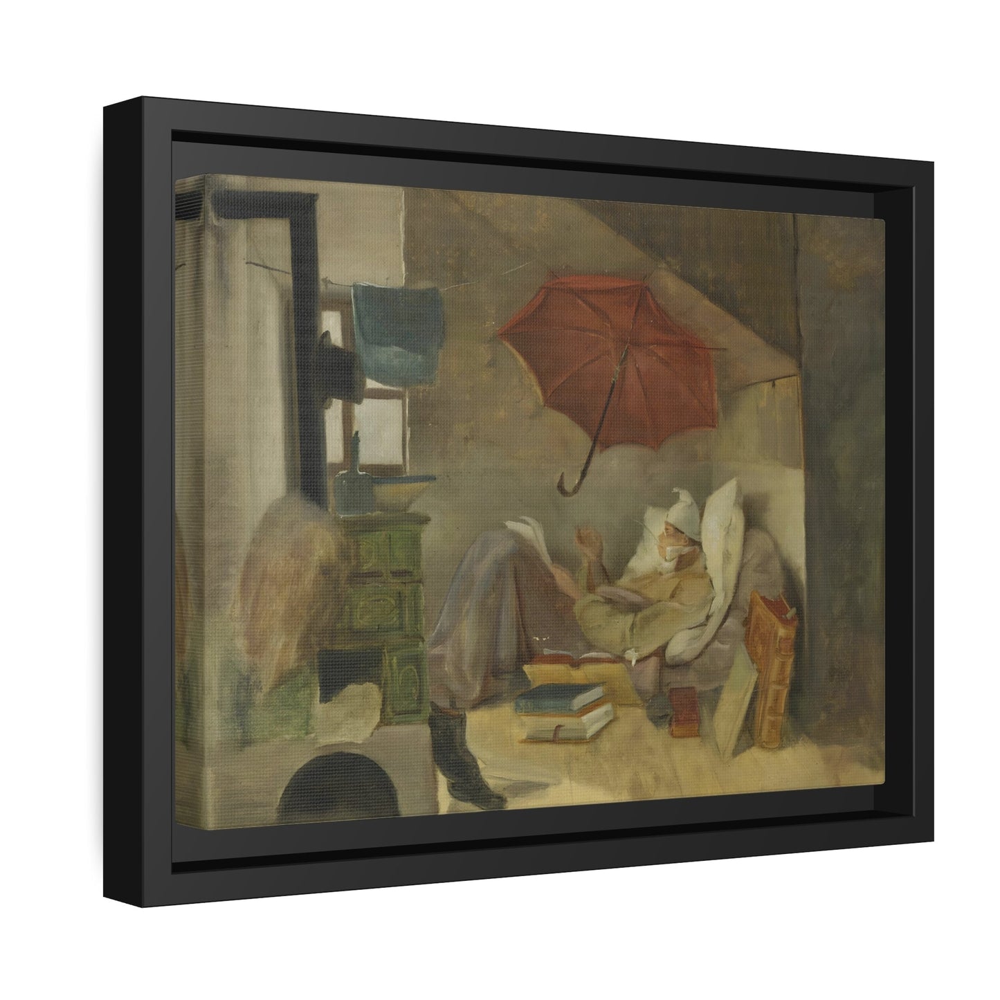 Carl Spitzweg Poor Poet - Framed Canvas Wall Art Reproduction in Pinewood Frame