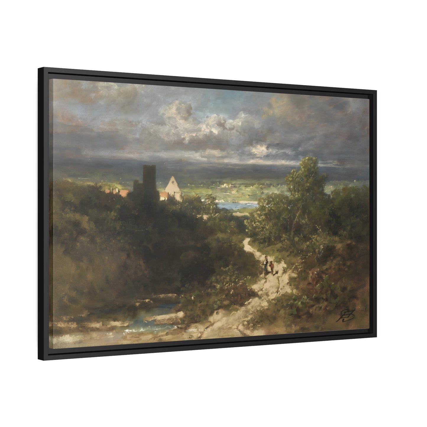 Carl Spitzweg River Landscape - Framed Canvas Wall Art Print in Black Frame