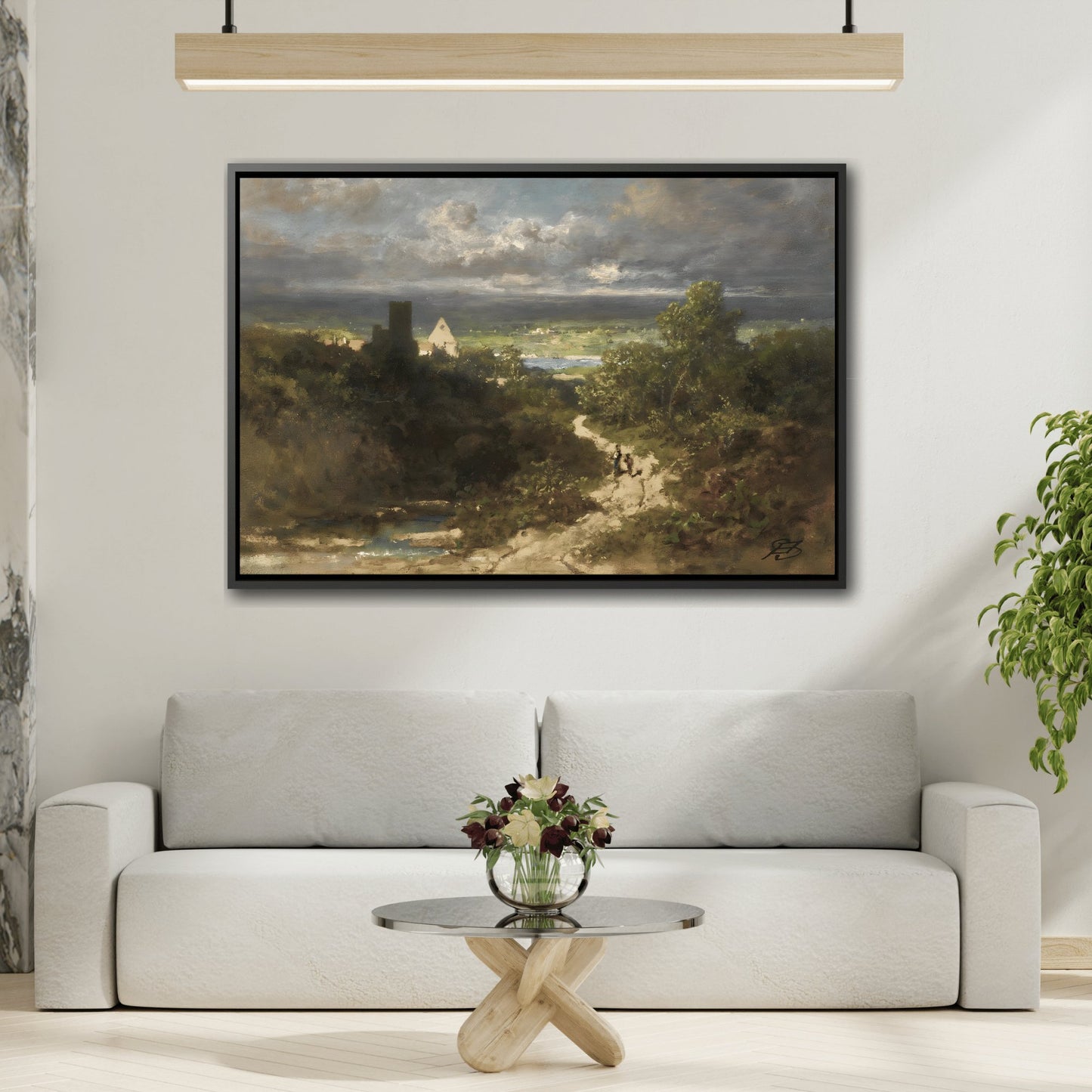 Carl Spitzweg River Landscape - Framed Canvas Wall Art Print in Black Frame