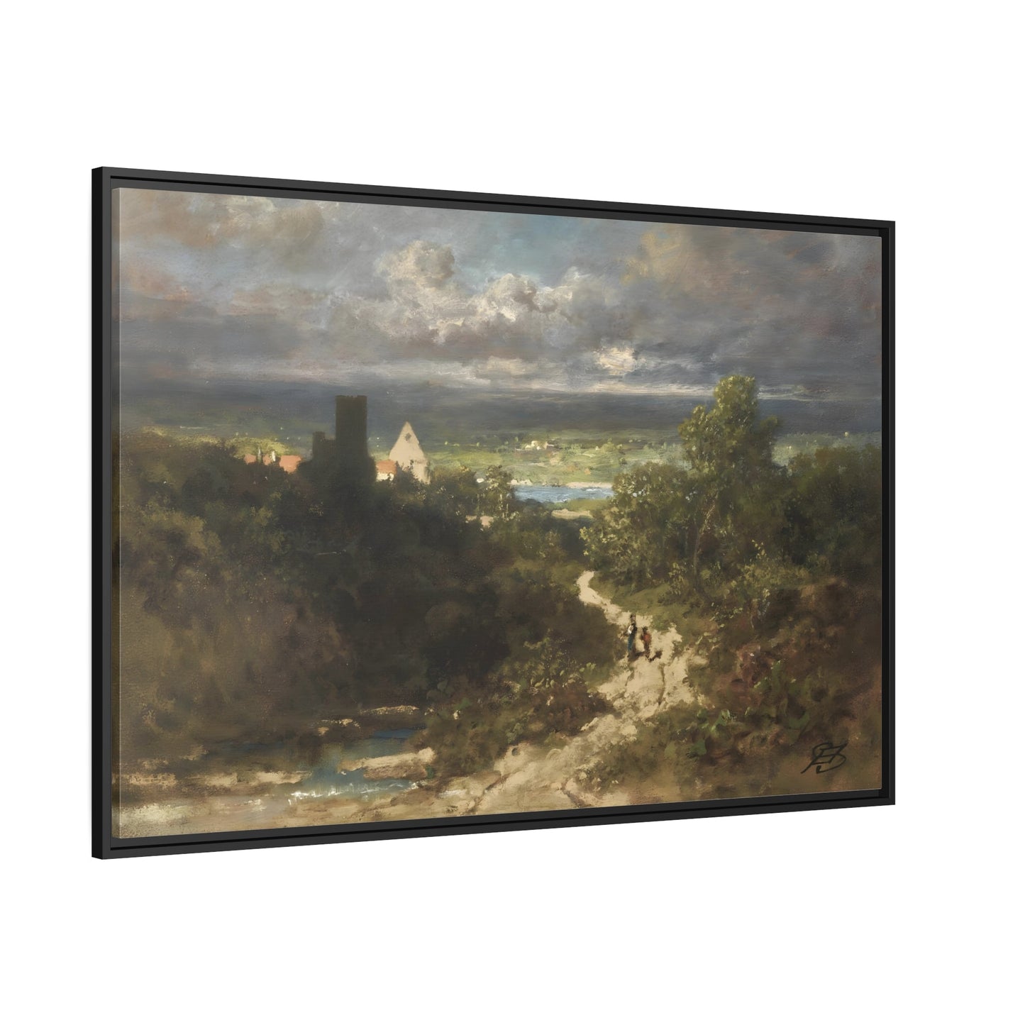 Carl Spitzweg River Landscape - Framed Canvas Wall Art Print in Black Frame