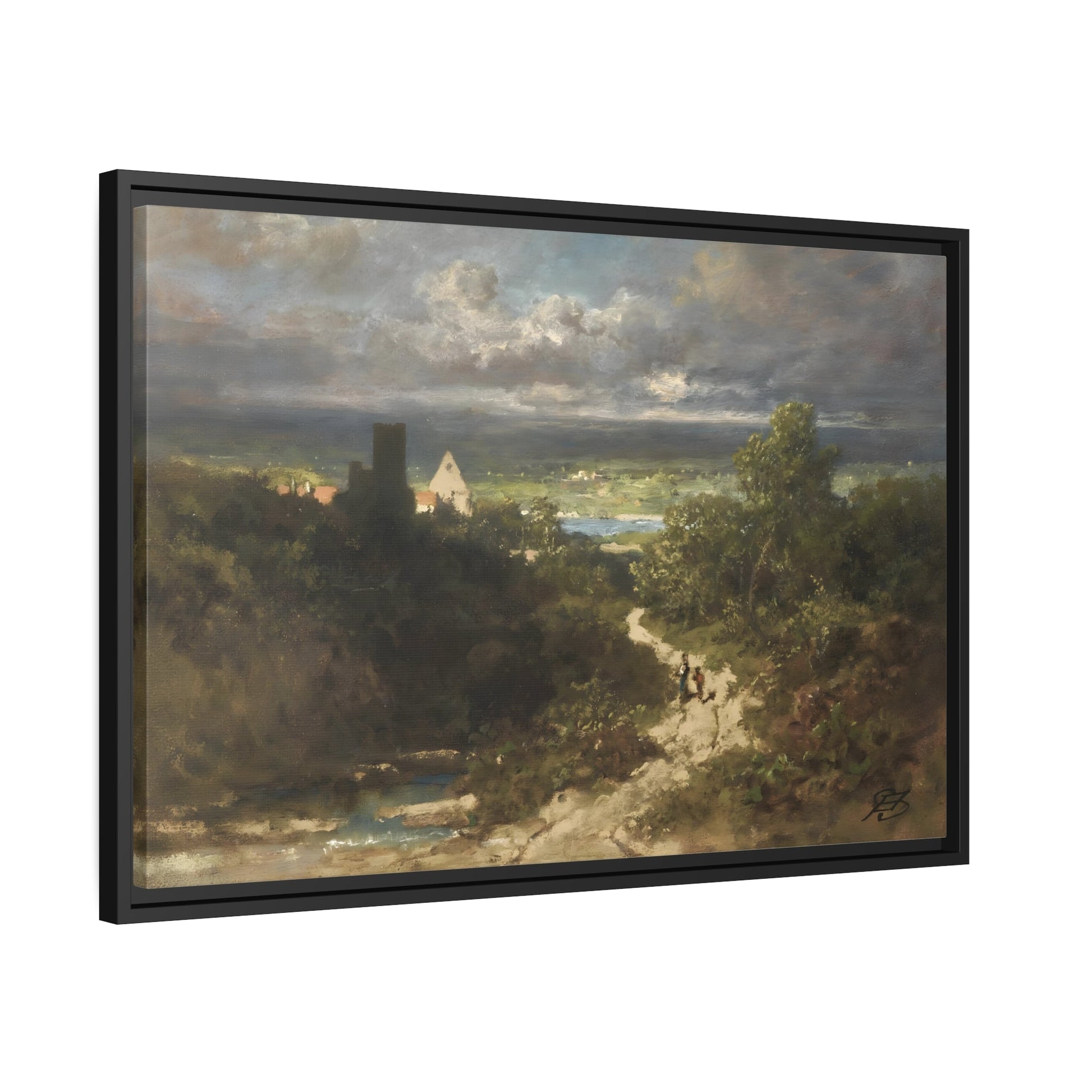 Carl Spitzweg River Landscape - Framed Canvas Wall Art Print in Black Frame