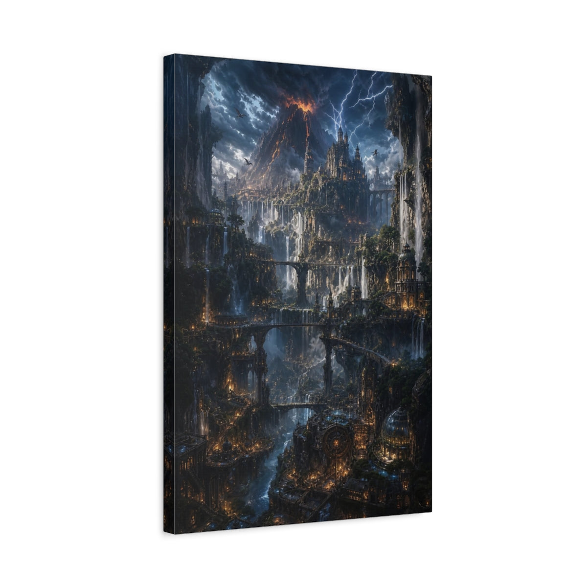 Side Mockup 3. Cascade Citadel At Dusk shown as canvas print