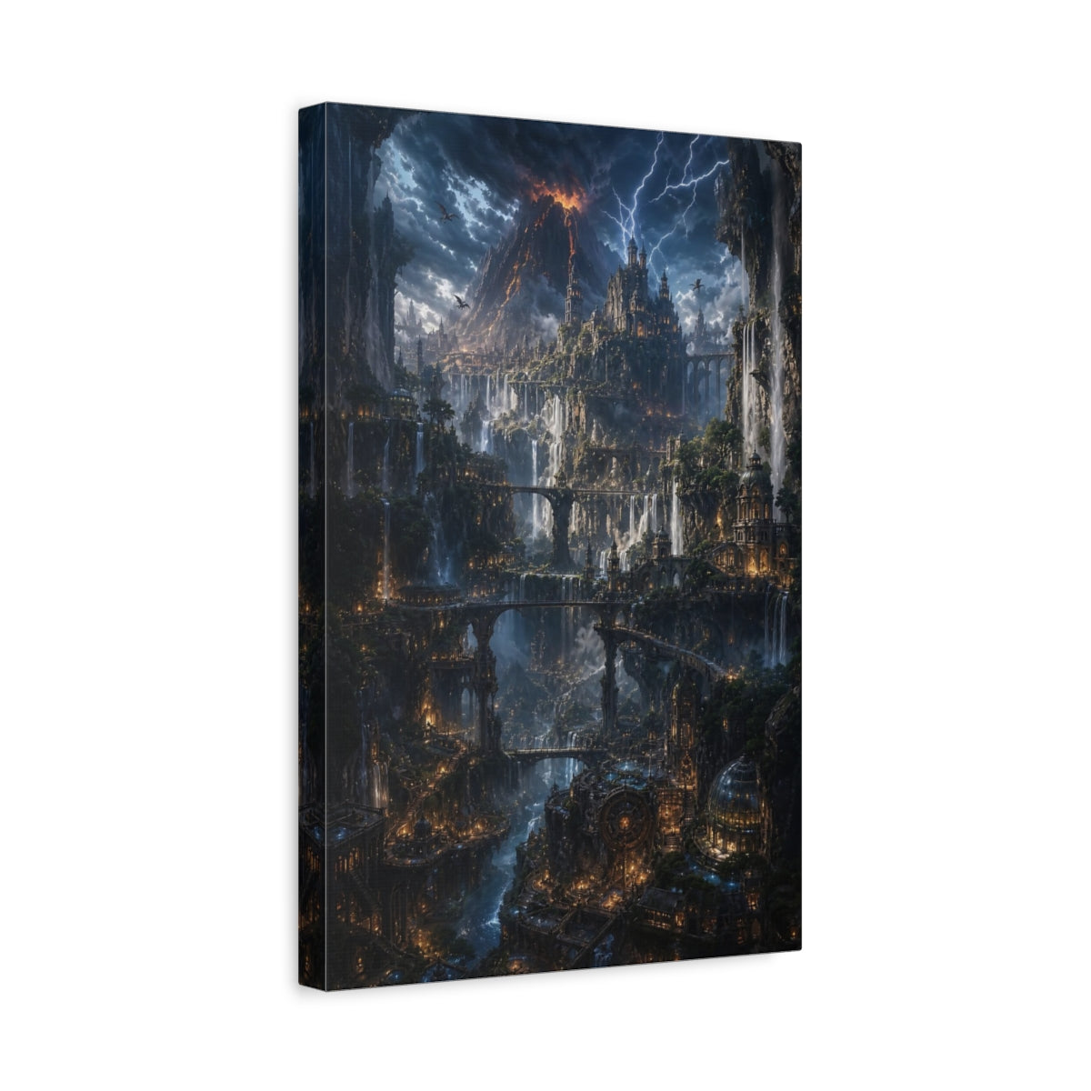 Side Mockup 4. Cascade Citadel At Dusk shown as canvas print