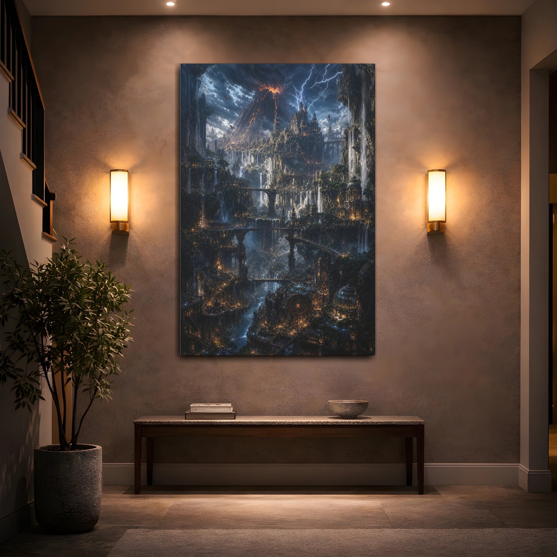 Mockup 2. Cascade Citadel At Dusk shown as canvas print