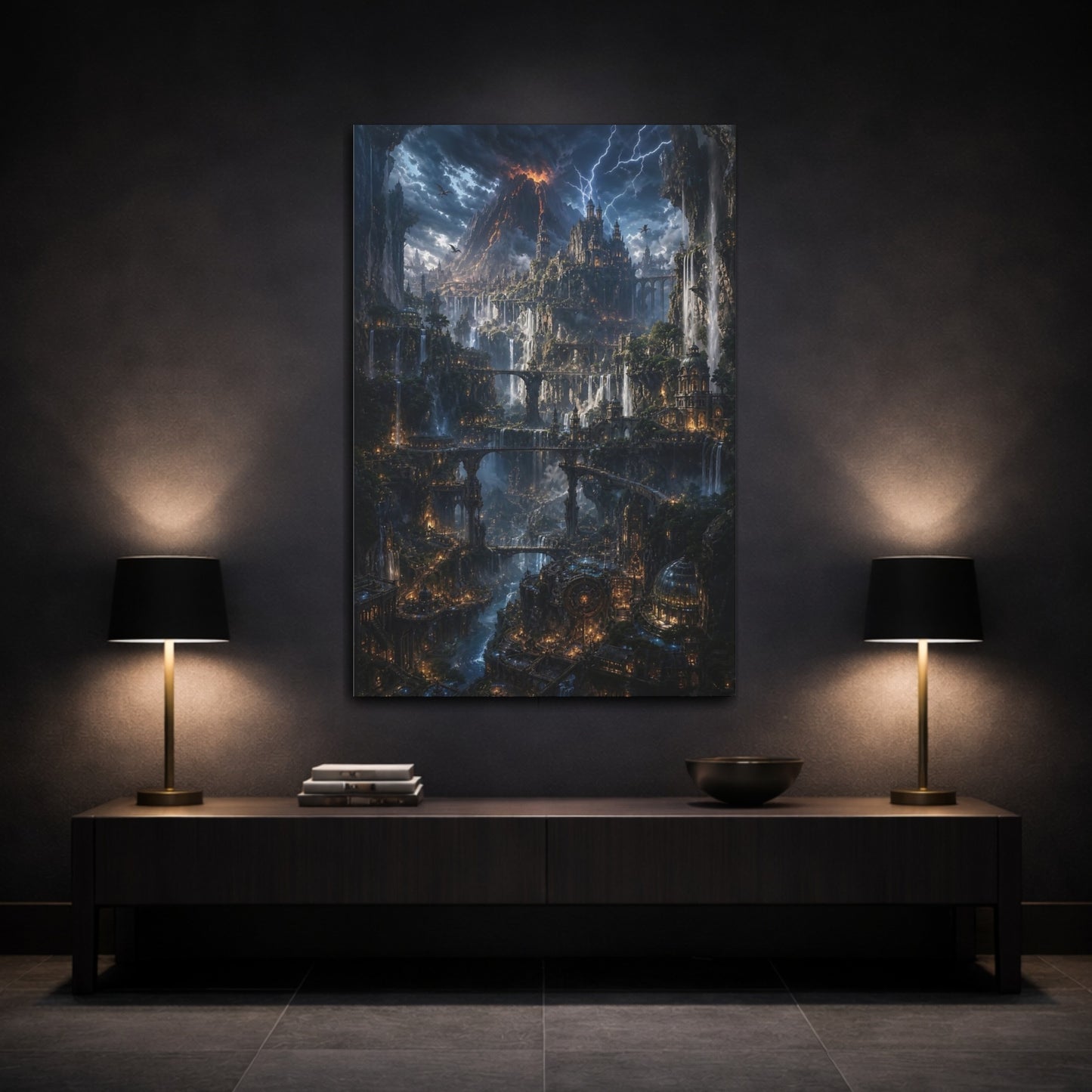 Mockup 3. Cascade Citadel At Dusk shown as canvas print