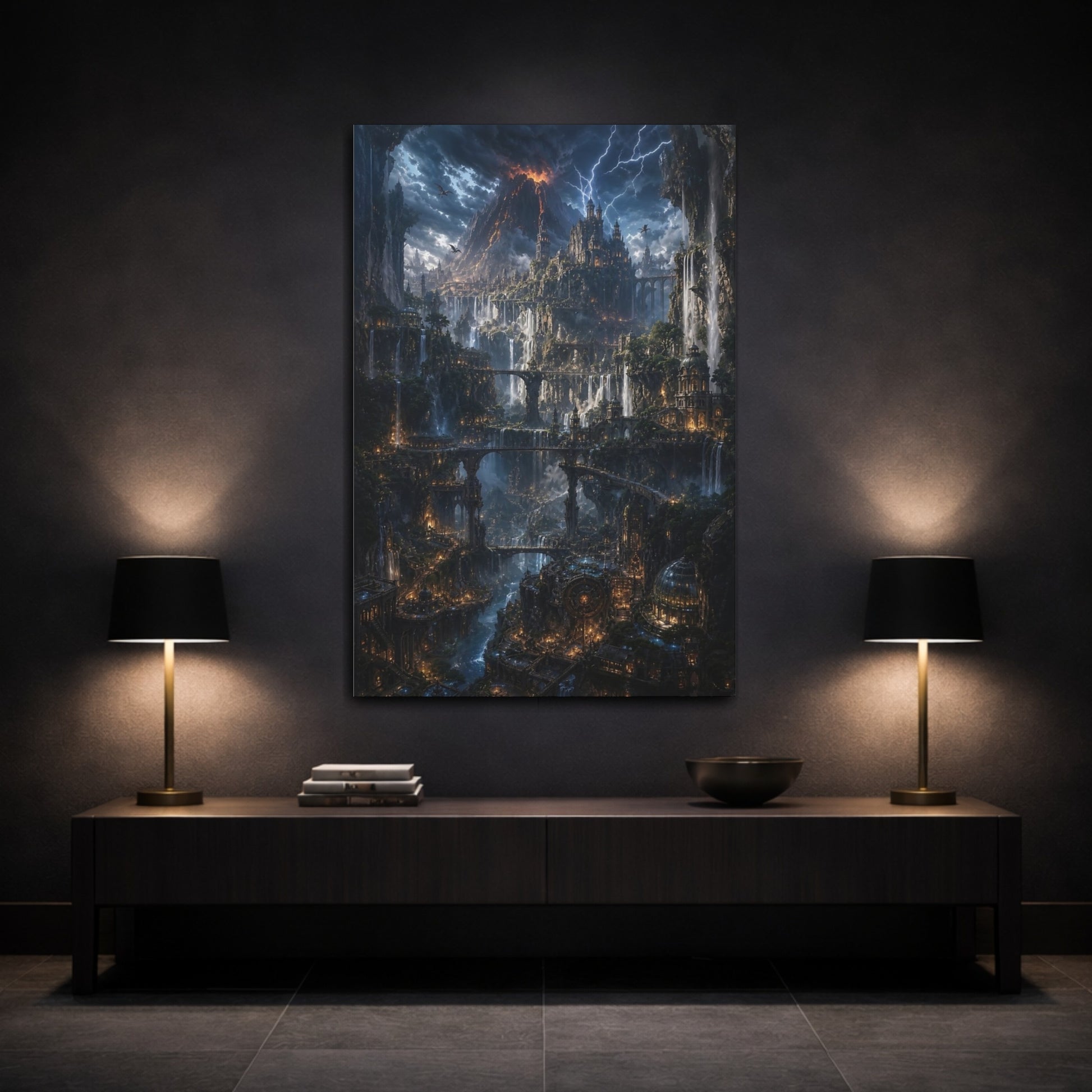 Mockup 3. Cascade Citadel At Dusk shown as canvas print