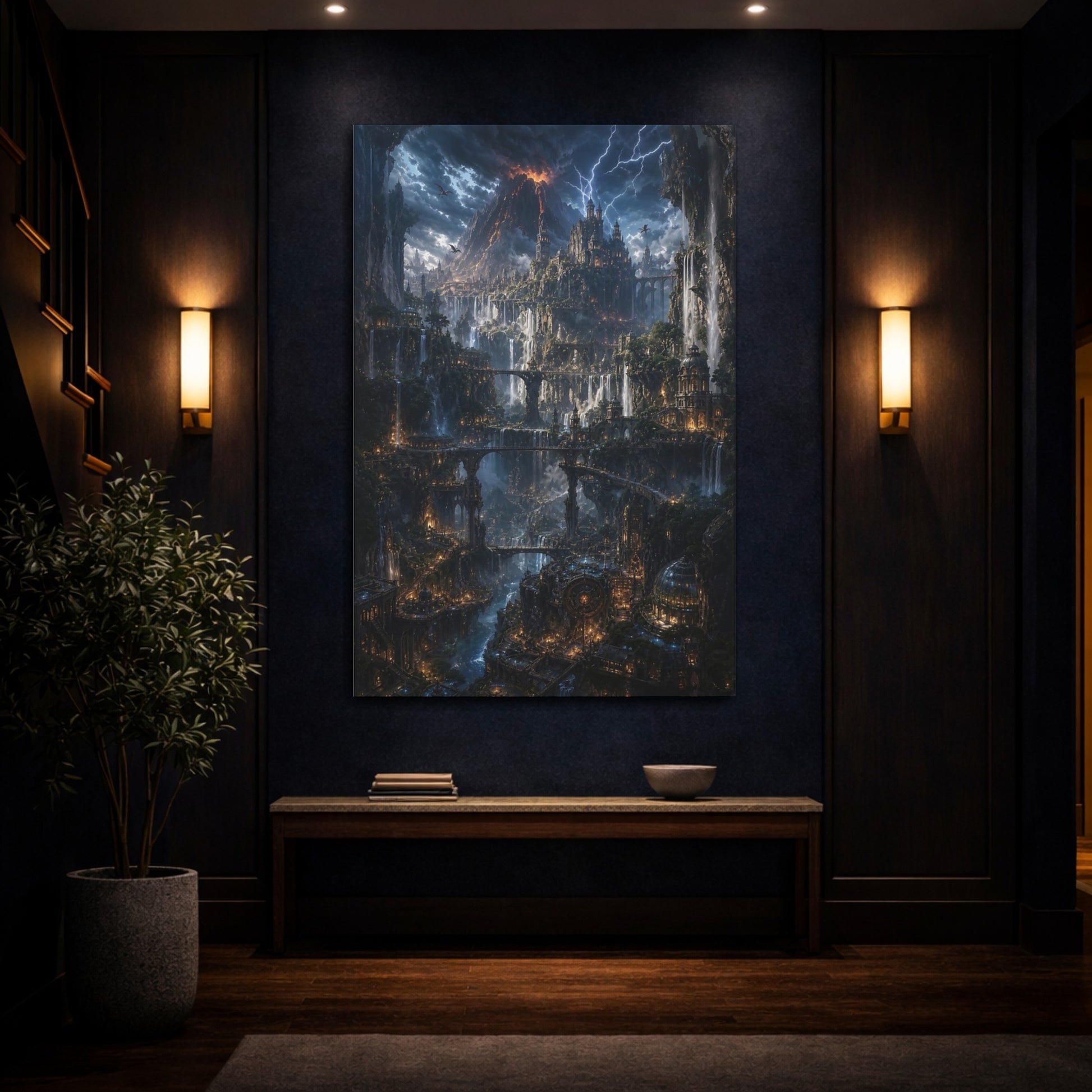 Mockup 4. Cascade Citadel At Dusk shown as canvas print