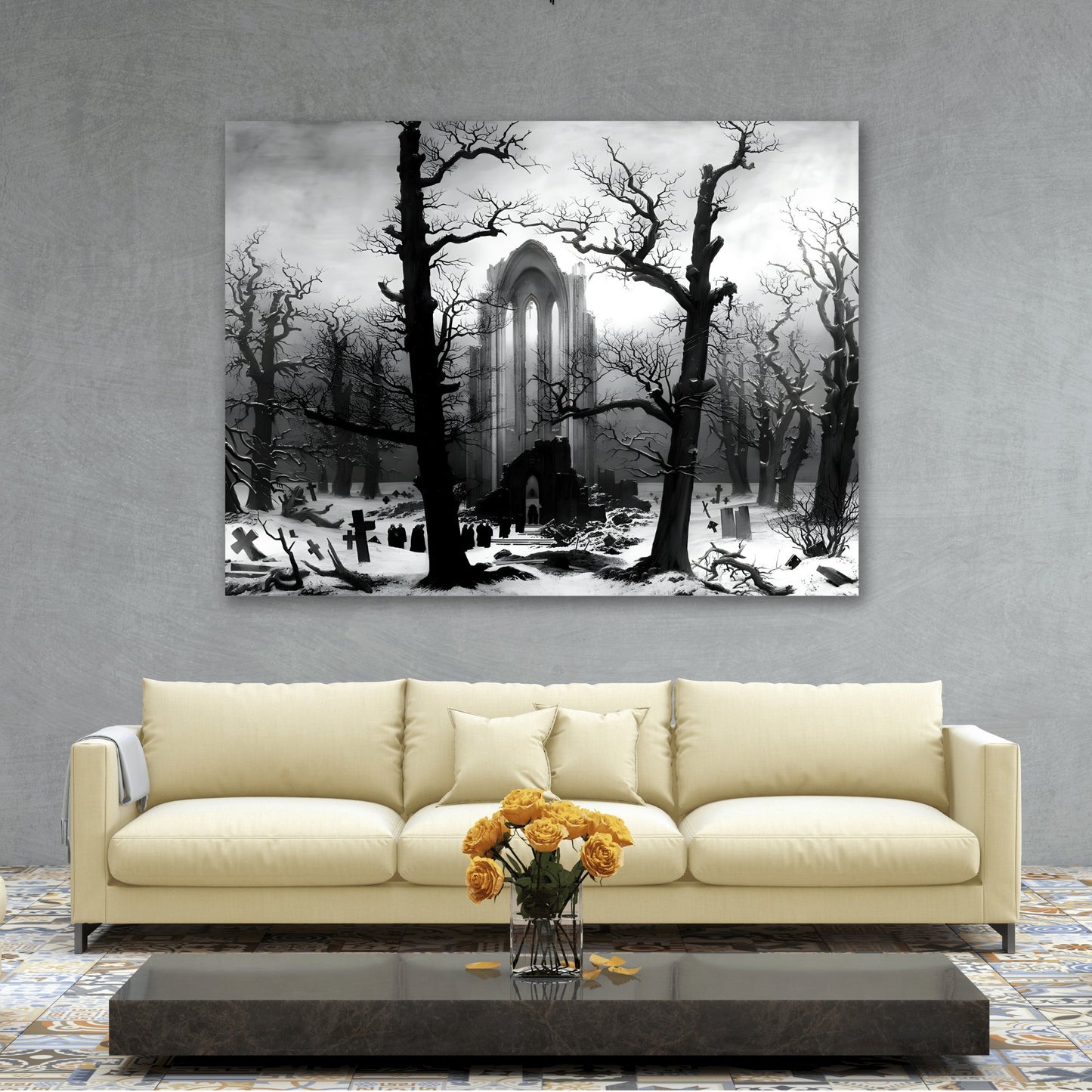 Caspar David Friedrich Monastery Graveyard in the Snow -Black White Landscape Canvas Wall Art Print