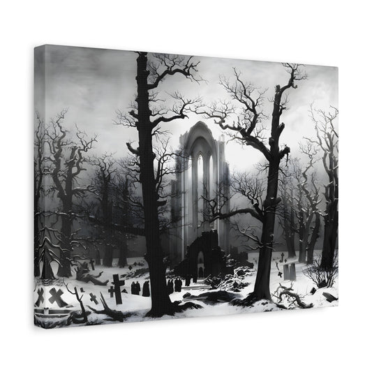 Caspar David Friedrich Monastery Graveyard in the Snow -Black White Landscape Canvas Wall Art Print