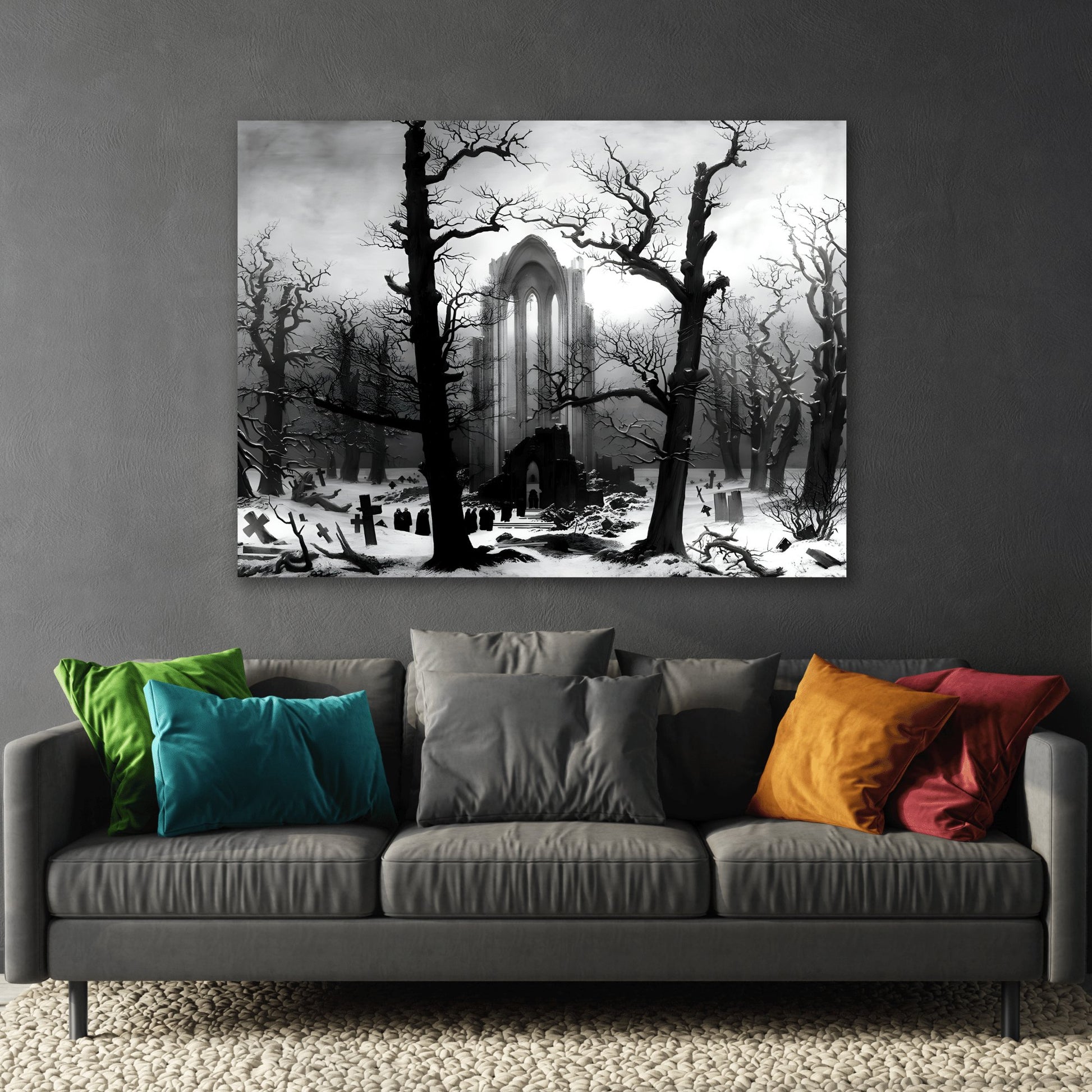 Caspar David Friedrich Monastery Graveyard in the Snow -Black White Landscape Canvas Wall Art Print