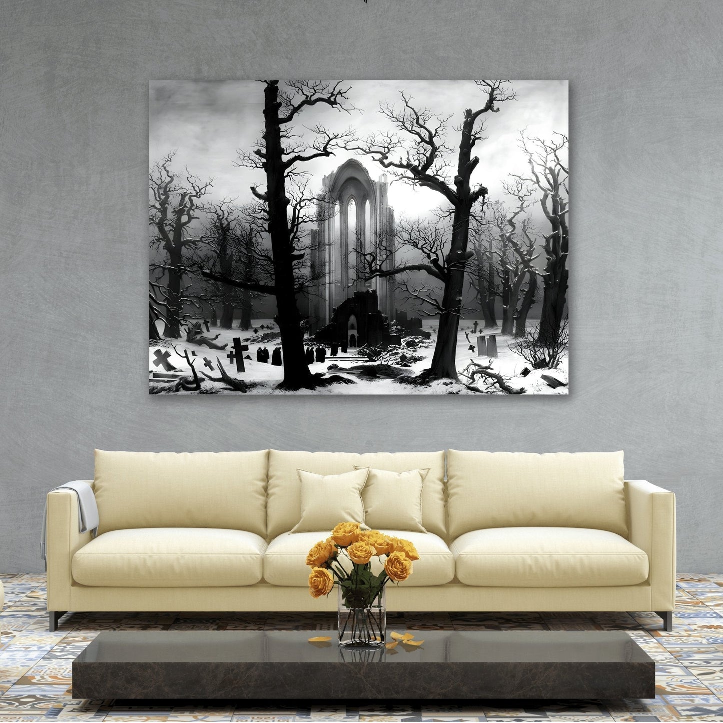 Caspar David Friedrich Monastery Graveyard in the Snow -Black White Landscape Canvas Wall Art Print