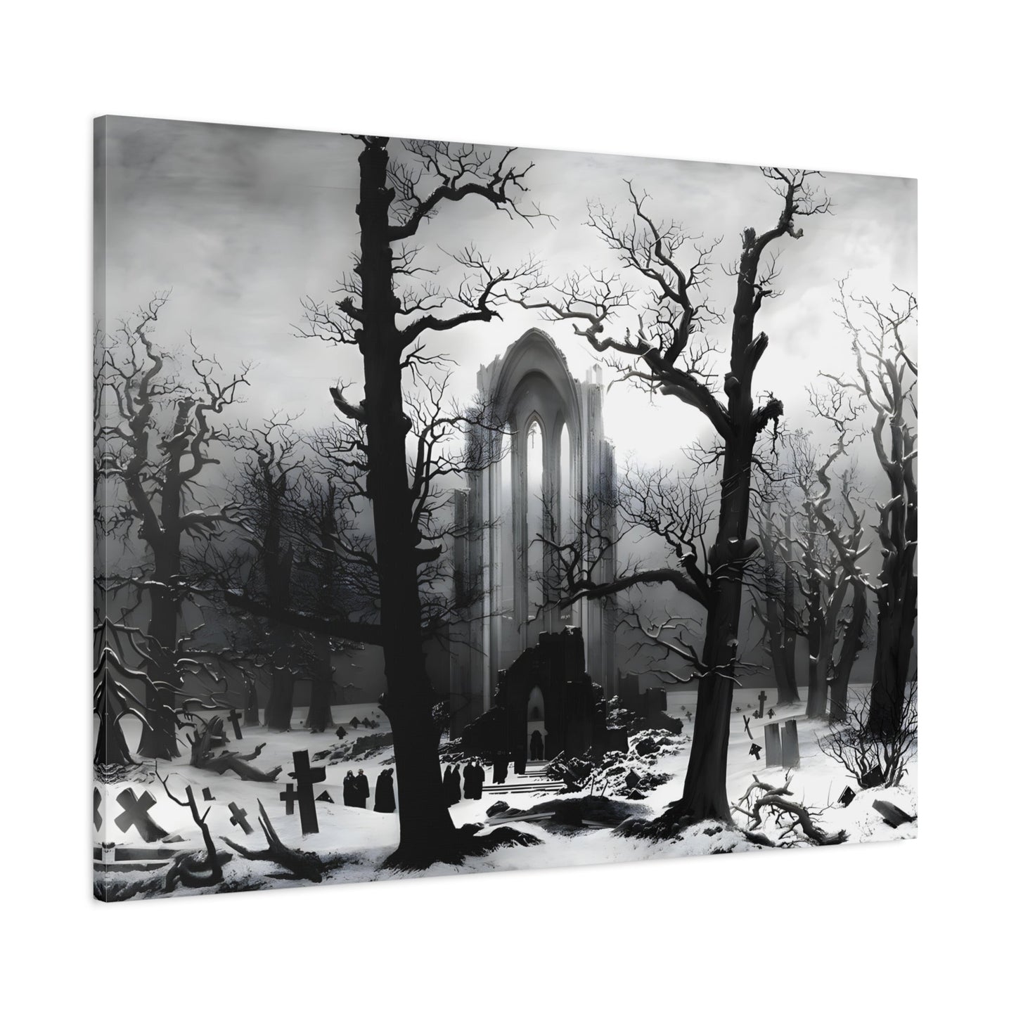 Caspar David Friedrich Monastery Graveyard in the Snow -Black White Landscape Canvas Wall Art Print