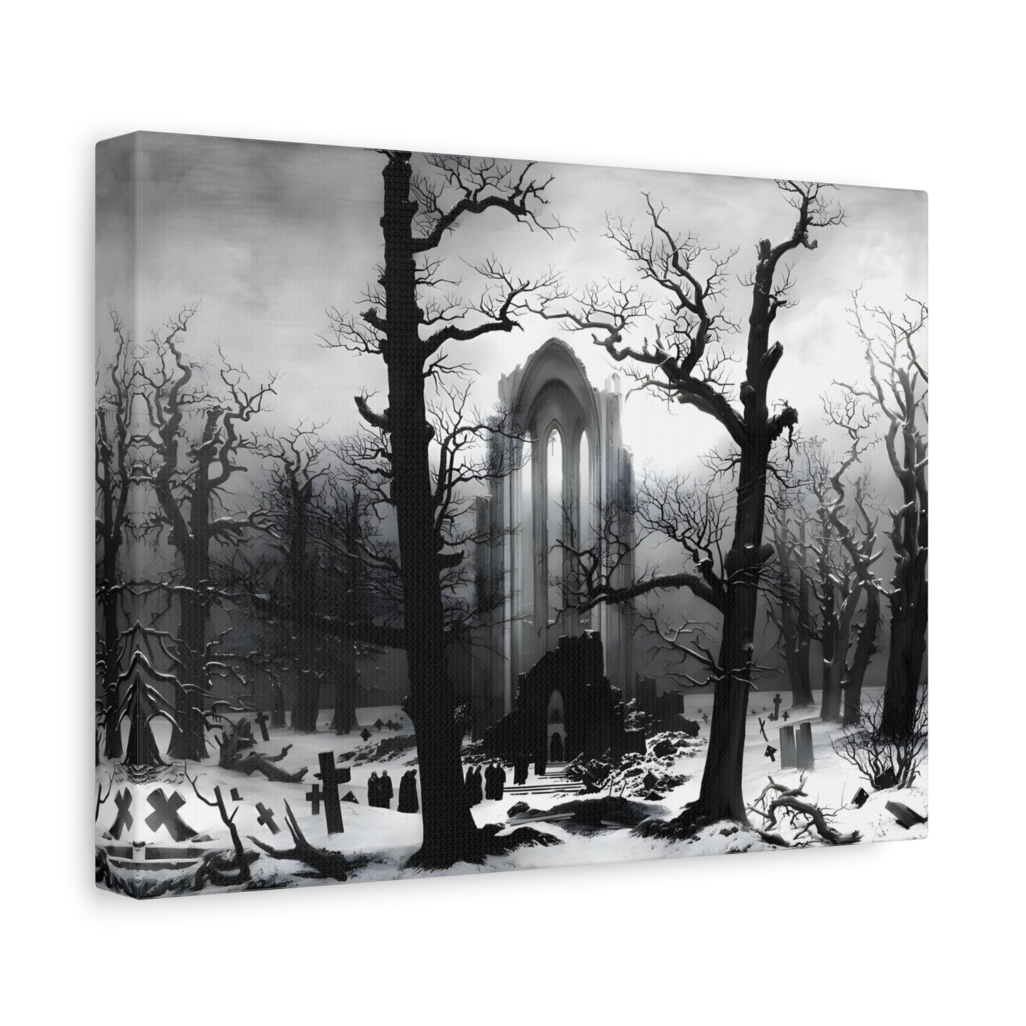 Caspar David Friedrich Monastery Graveyard in the Snow -Black White Landscape Canvas Wall Art Print