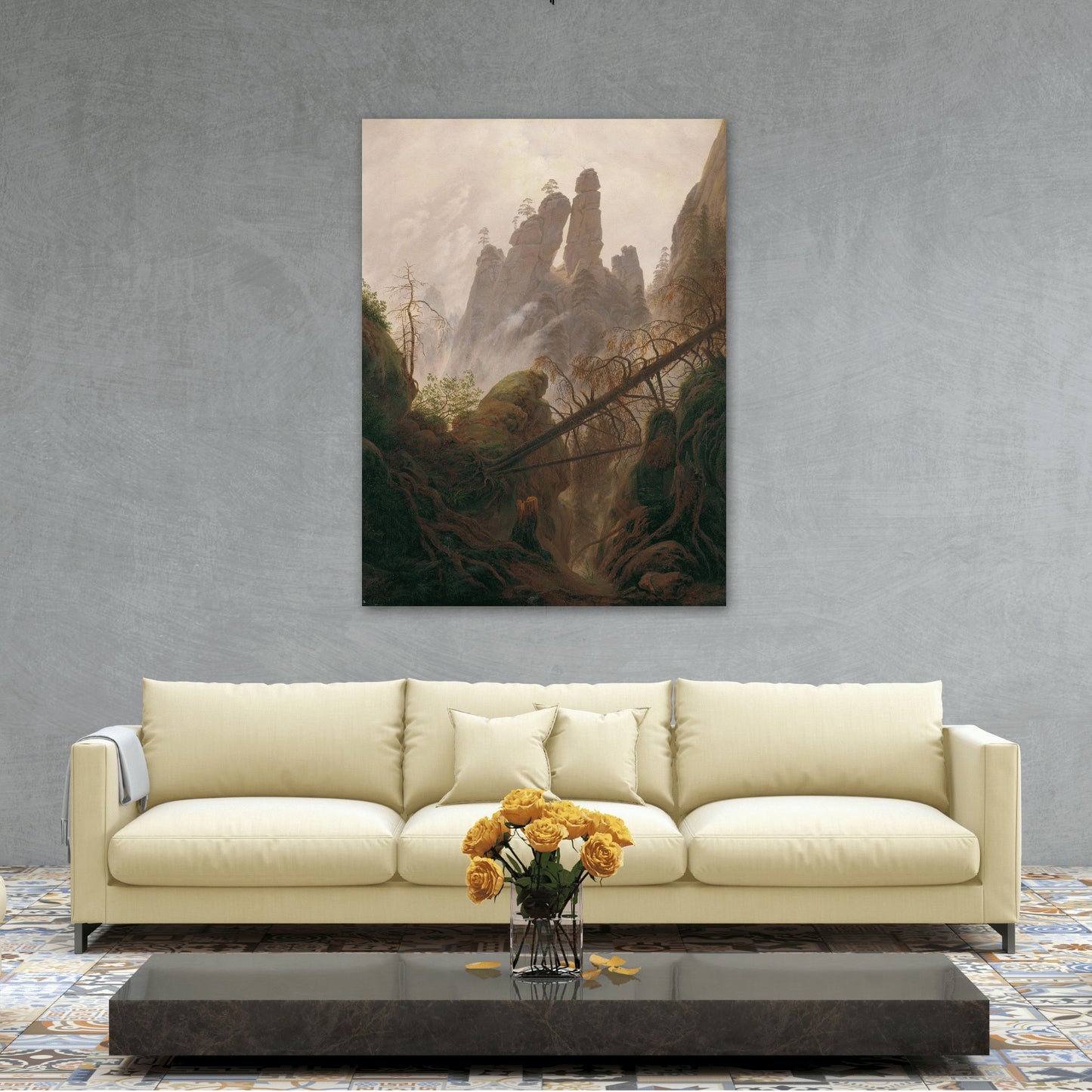 Caspar David Friedrich Rocky Landscape Elbe Sandstone Mountains - Framed Canvas Wall Art Painting Print