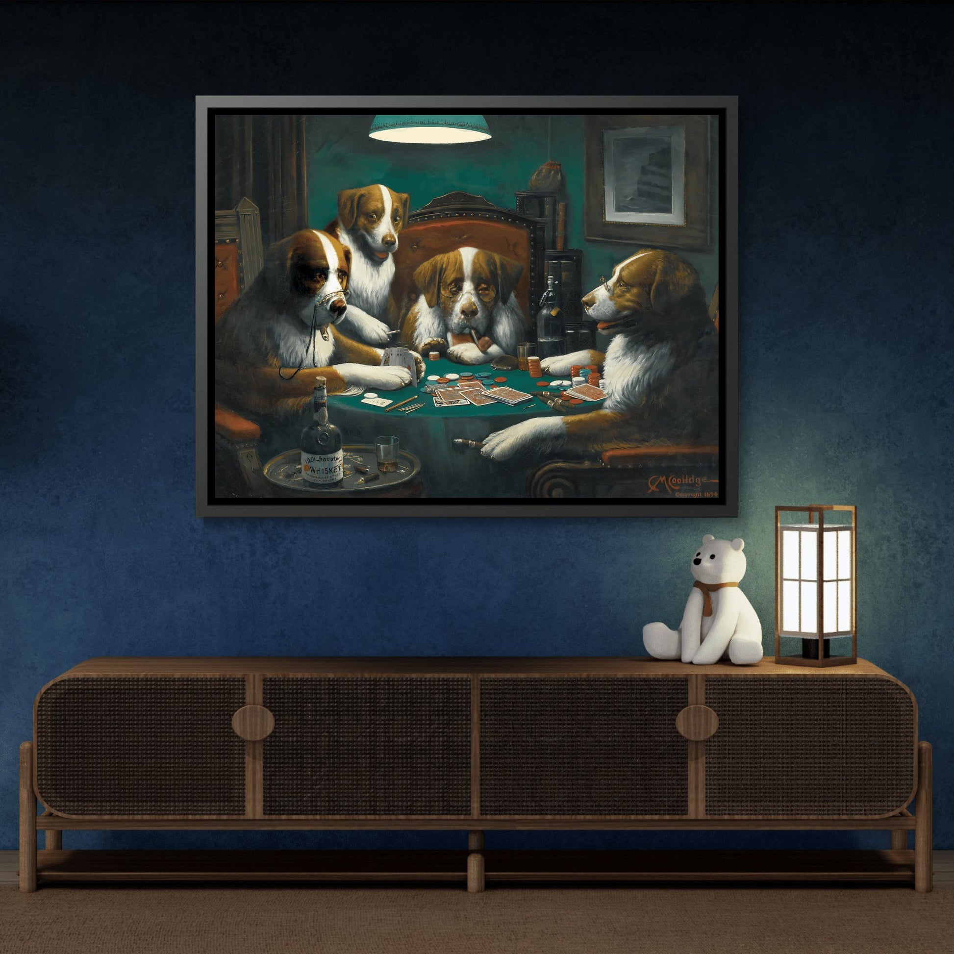 Cassius Marcellus Coolidge Dogs Playing Poker - Framed Canvas Wall Art Print in Black Frame