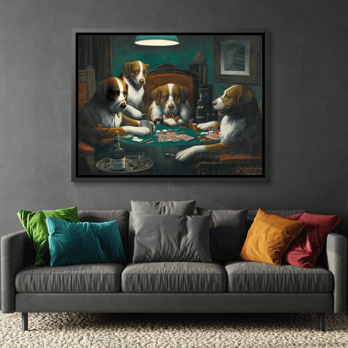 Cassius Marcellus Coolidge Dogs Playing Poker - Framed Canvas Wall Art Print in Black Frame