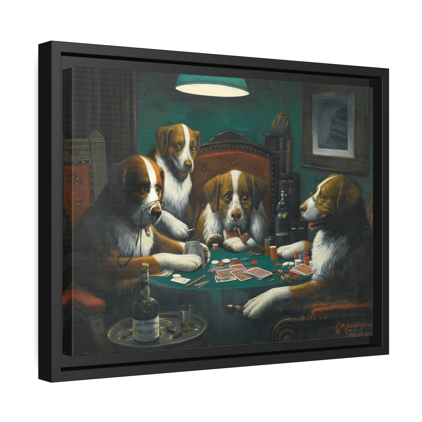 Cassius Marcellus Coolidge Dogs Playing Poker - Framed Canvas Wall Art Print in Black Frame