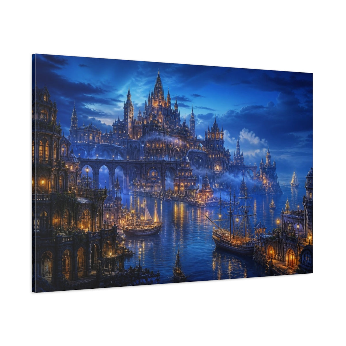 Side Mockup 1. Castle Harbor Landscape shown as canvas print