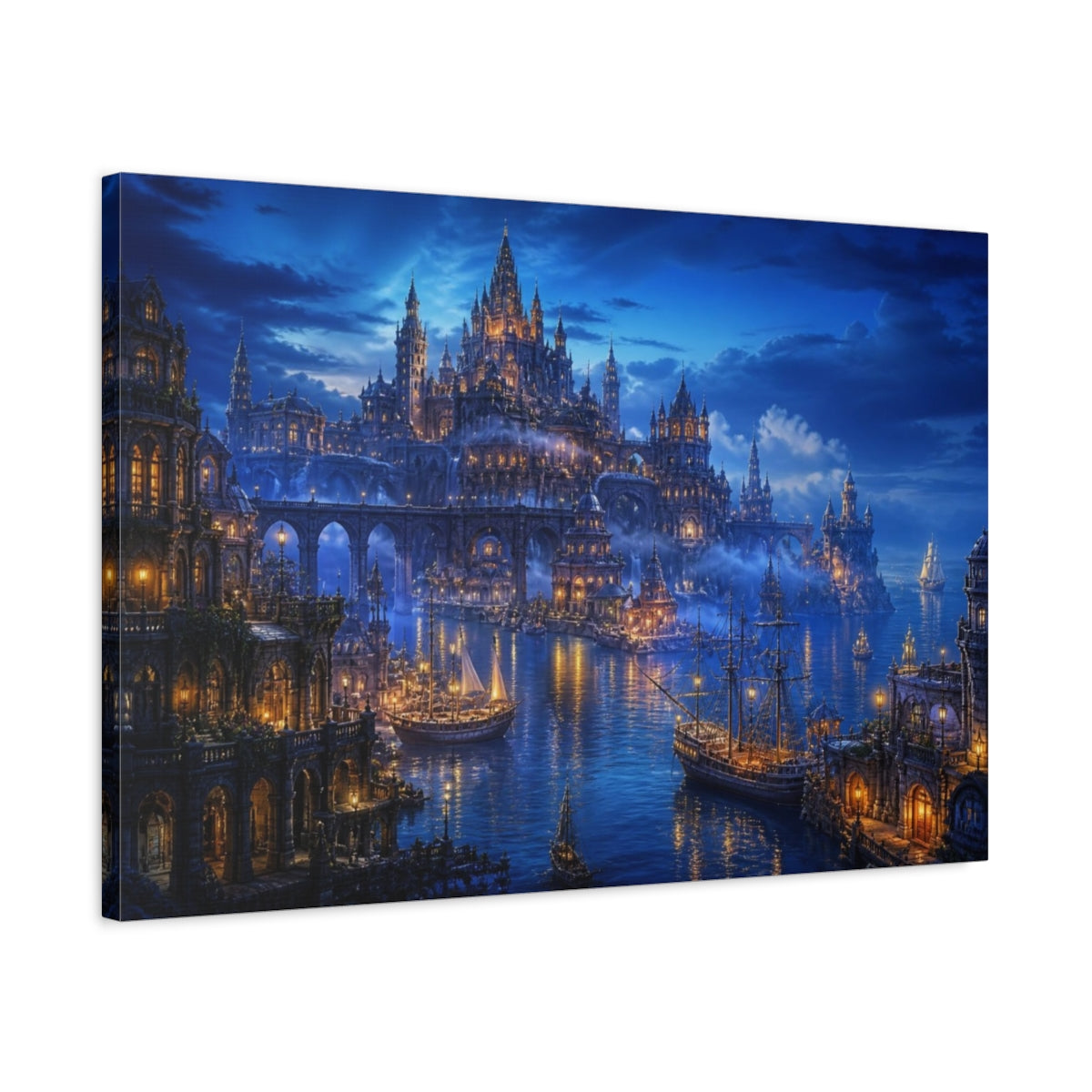 Side Mockup 2. Castle Harbor Landscape shown as canvas print