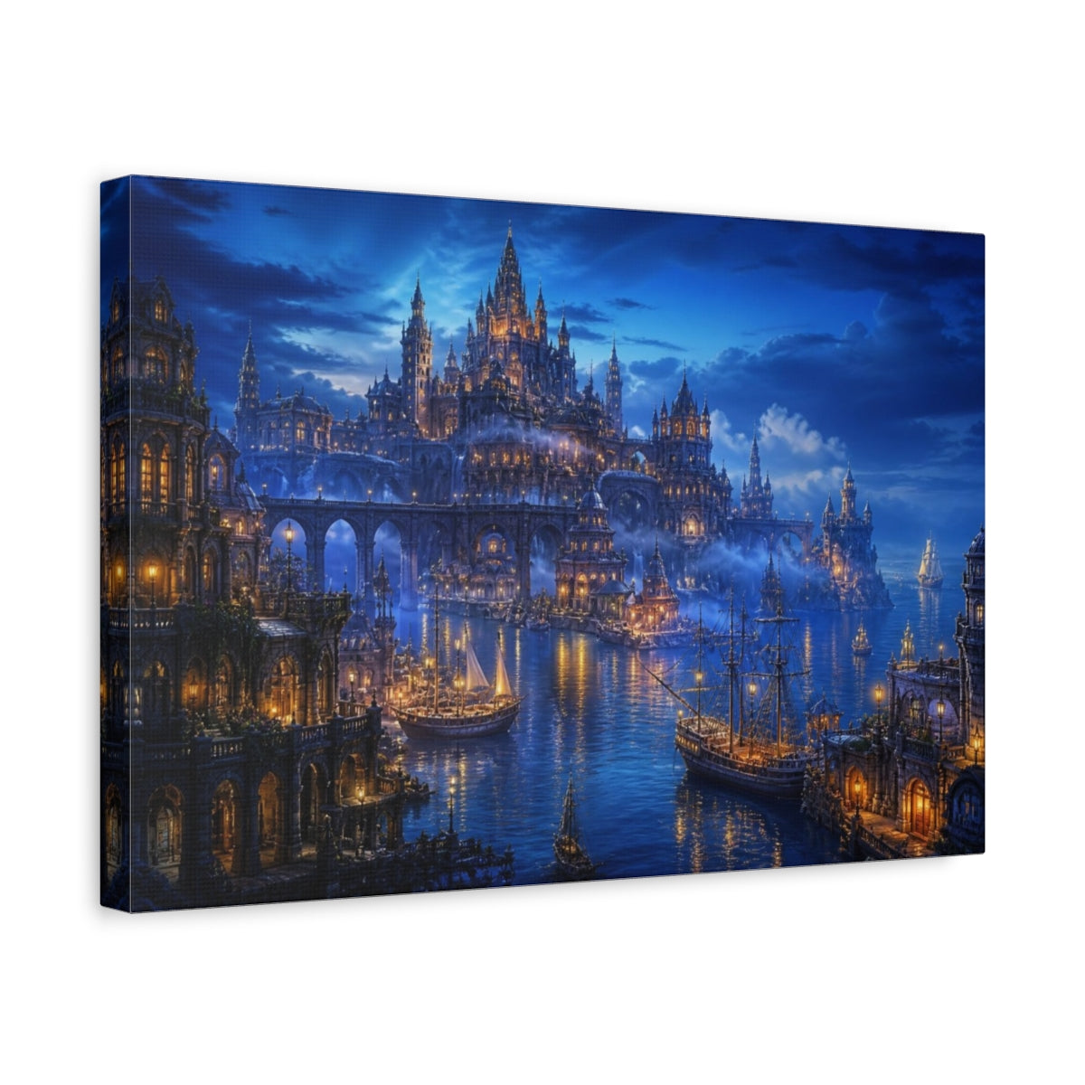 Side Mockup 4. Castle Harbor Landscape shown as canvas print
