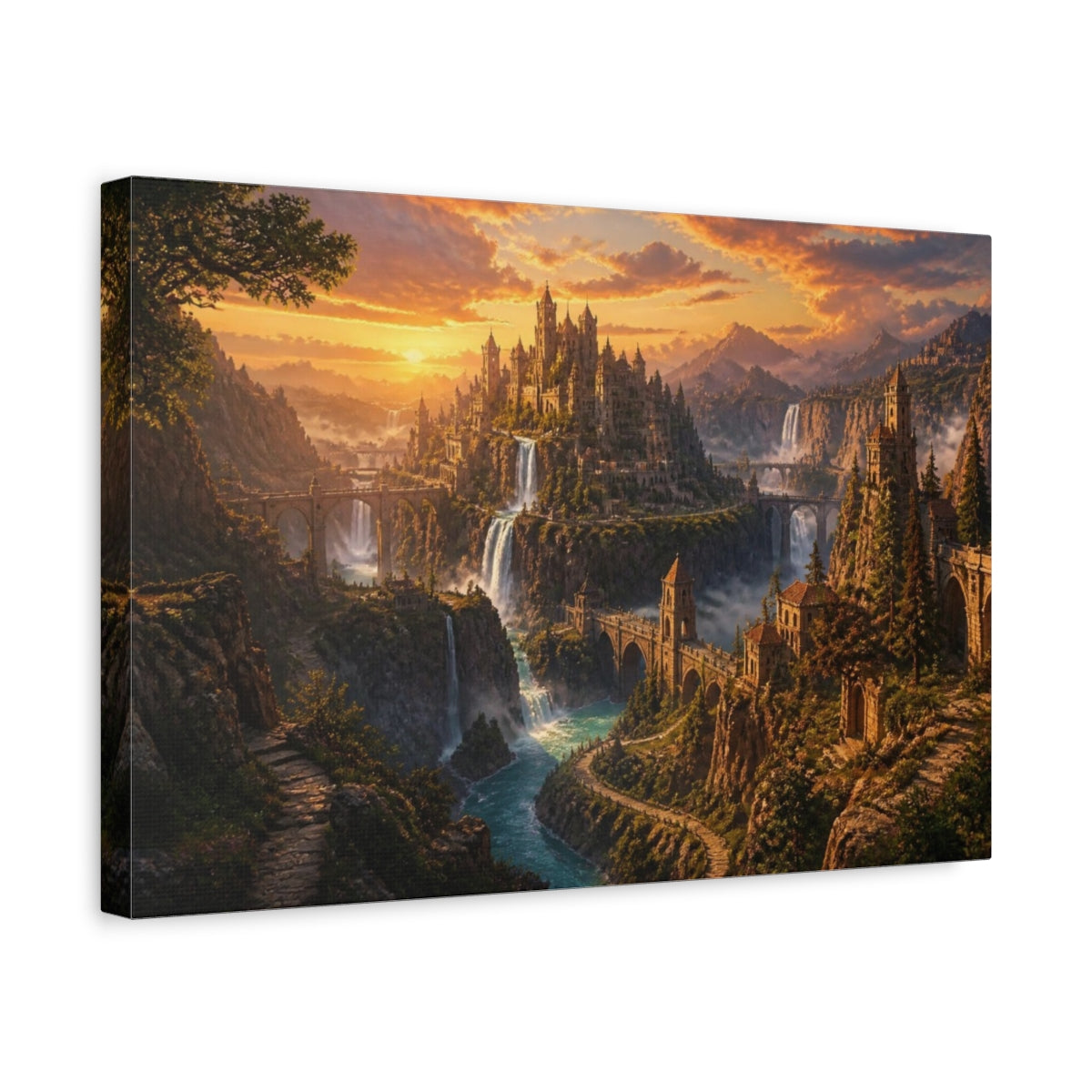 Side Mockup 4. Castle Sunset Landscape shown as canvas print