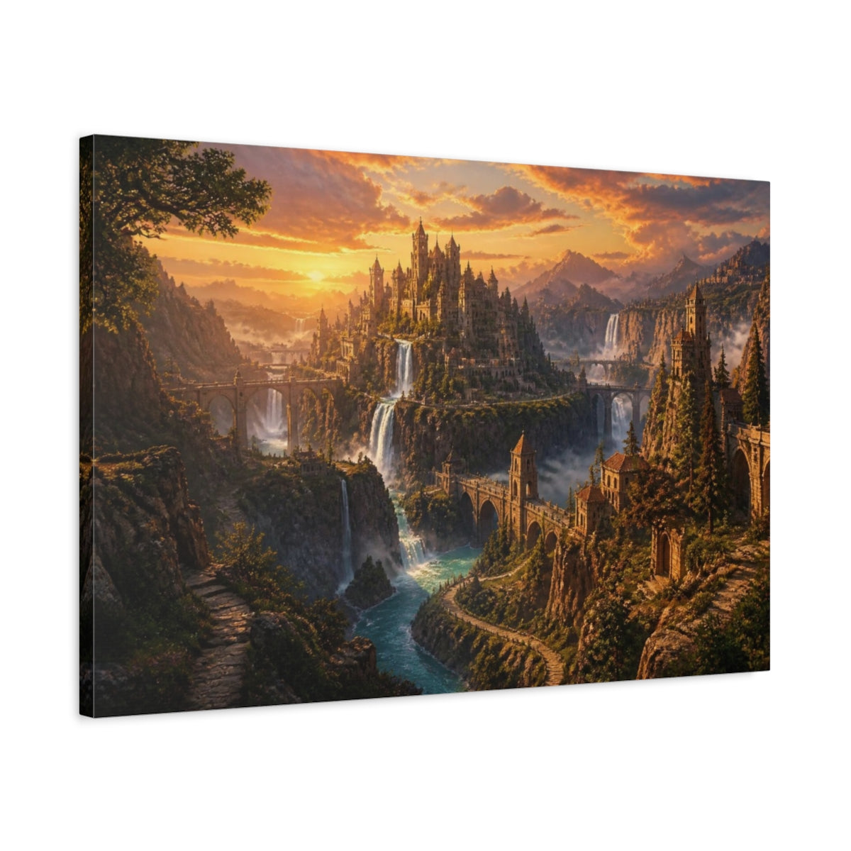 Side Mockup 2. Castle Sunset Landscape shown as canvas print