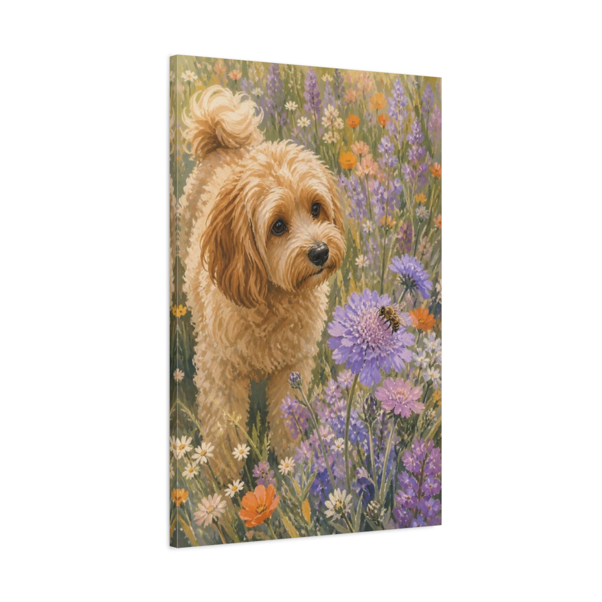 Main Mockup. Cavoodle Pet In Wildflowers shown as canvas print