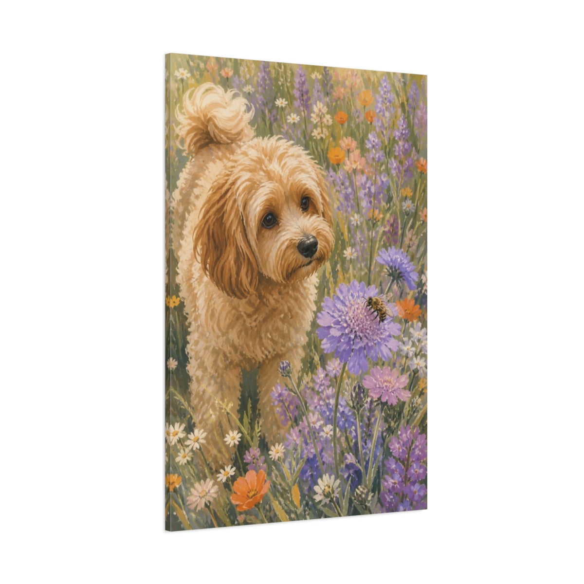Side Mockup 1. Cavoodle Pet In Wildflowers shown as canvas print