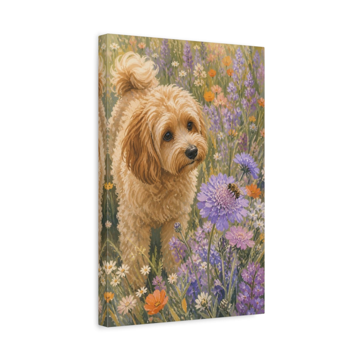 Side Mockup 4. Cavoodle Pet In Wildflowers shown as canvas print