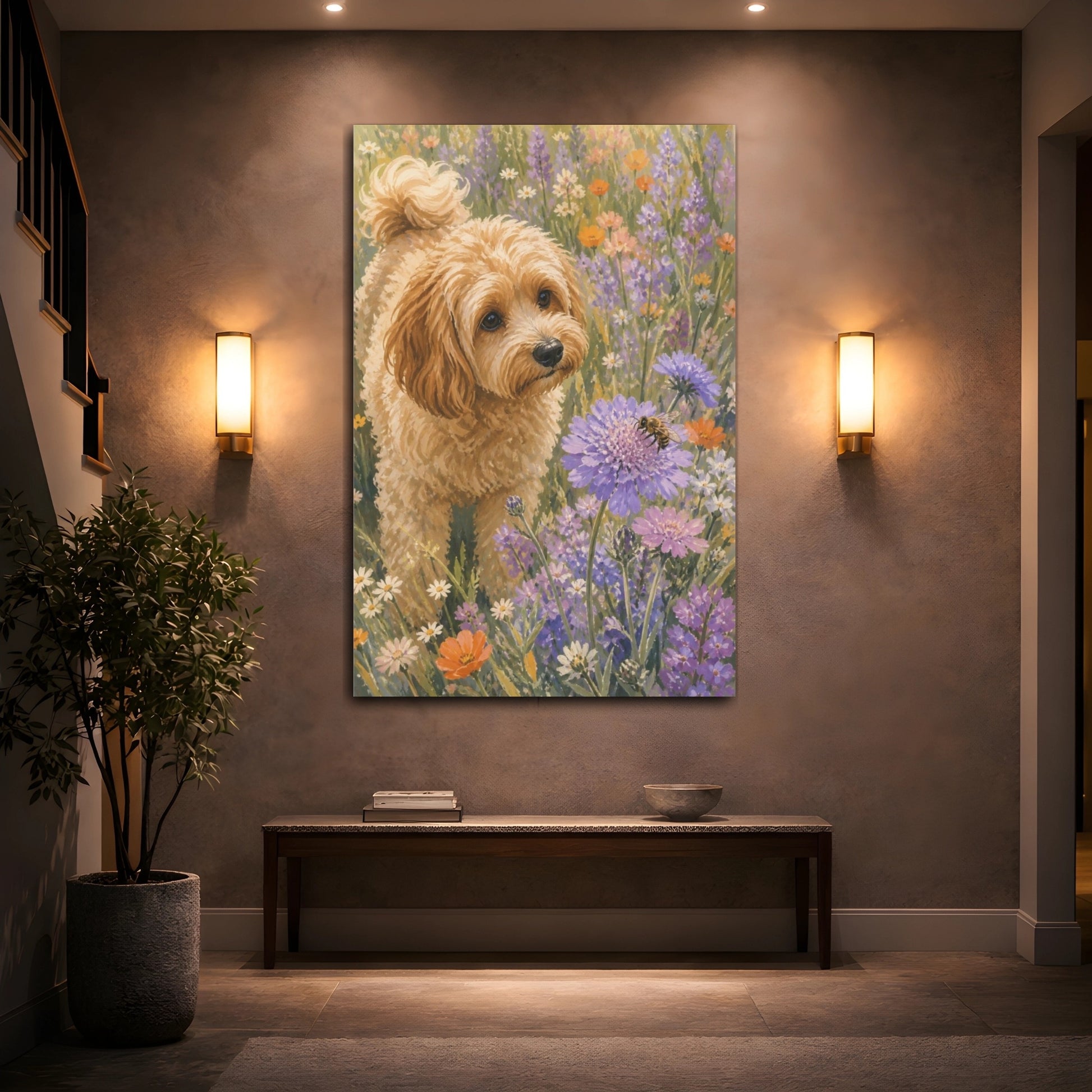 Mockup 2. Cavoodle Pet In Wildflowers shown as canvas print