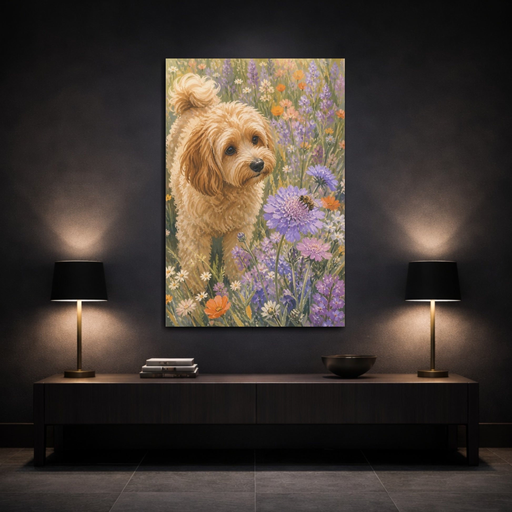 Mockup 3. Cavoodle Pet In Wildflowers shown as canvas print