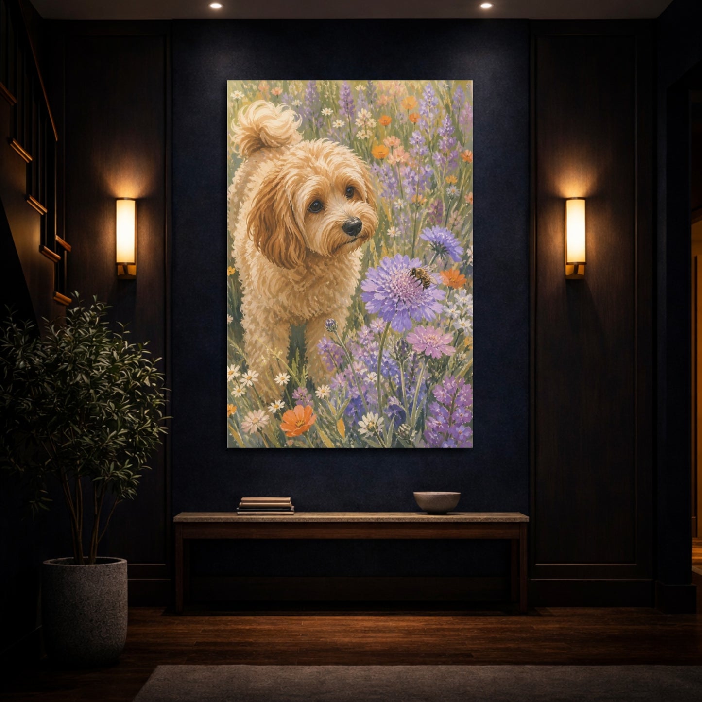 Mockup 4. Cavoodle Pet In Wildflowers shown as canvas print