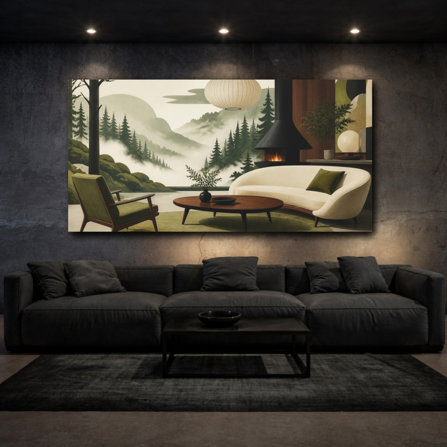 Mockup 3. Cedar Valley Living Room Mural shown as canvas print
