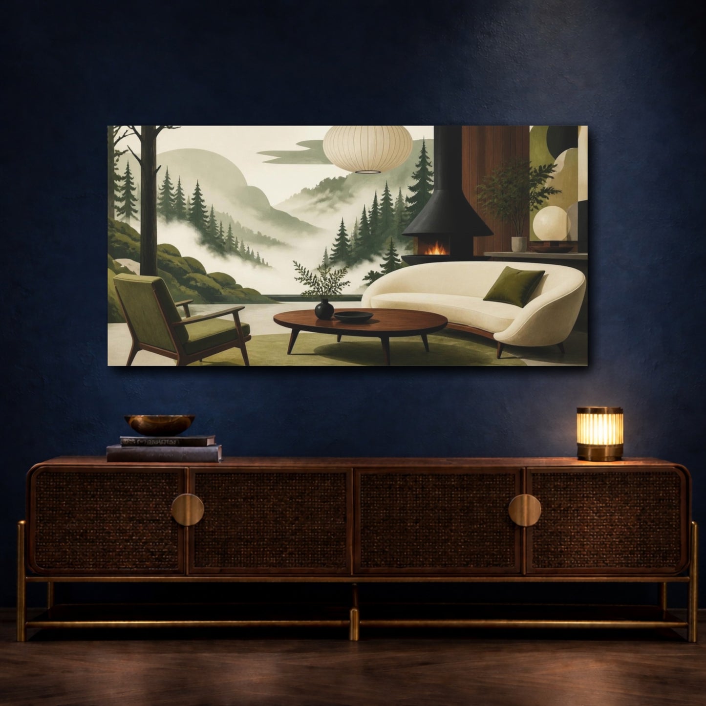 Mockup 4. Cedar Valley Living Room Mural shown as canvas print