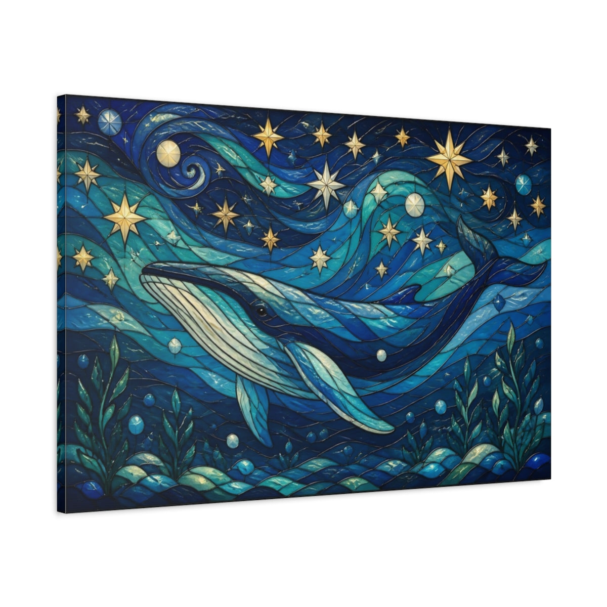 Main Mockup. Celestial Blue Whale shown as canvas print