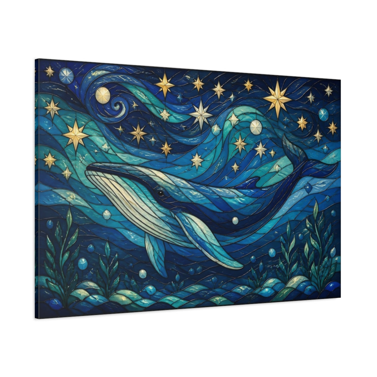 Side Mockup 1. Celestial Blue Whale shown as canvas print