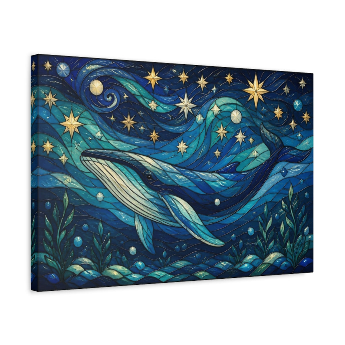 Side Mockup 3. Celestial Blue Whale shown as canvas print