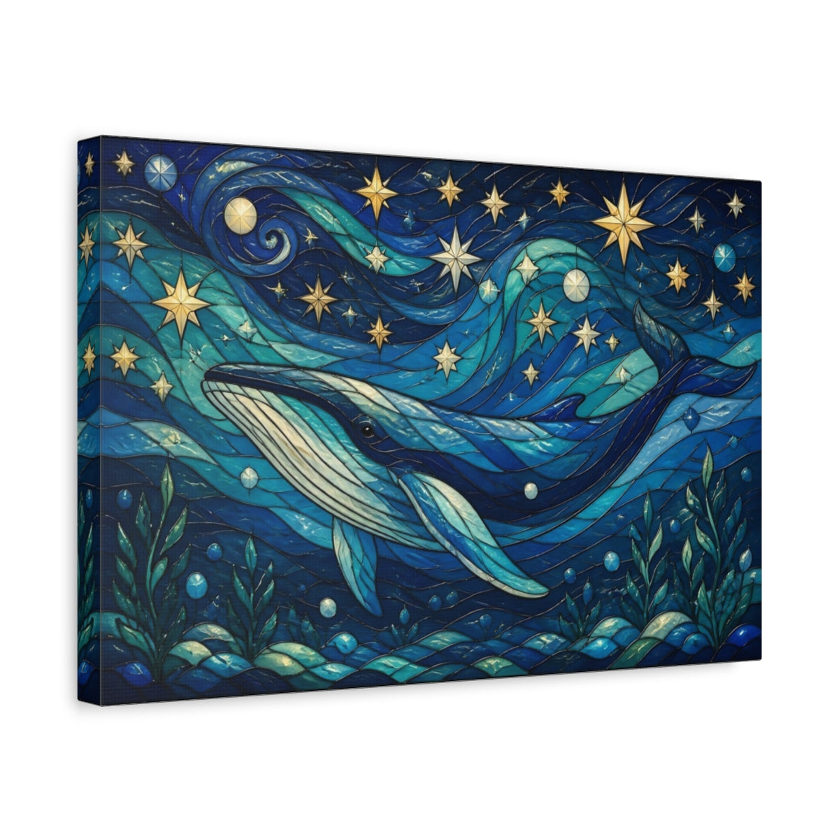Side Mockup 4. Celestial Blue Whale shown as canvas print
