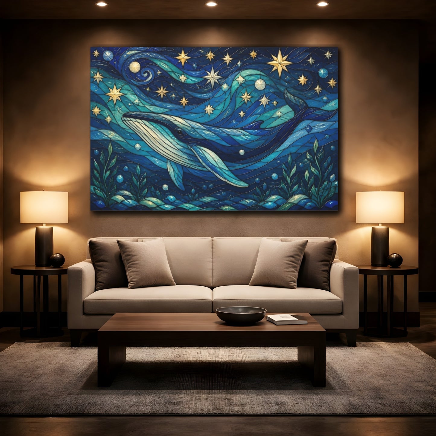 Mockup 2. Celestial Blue Whale shown as canvas print