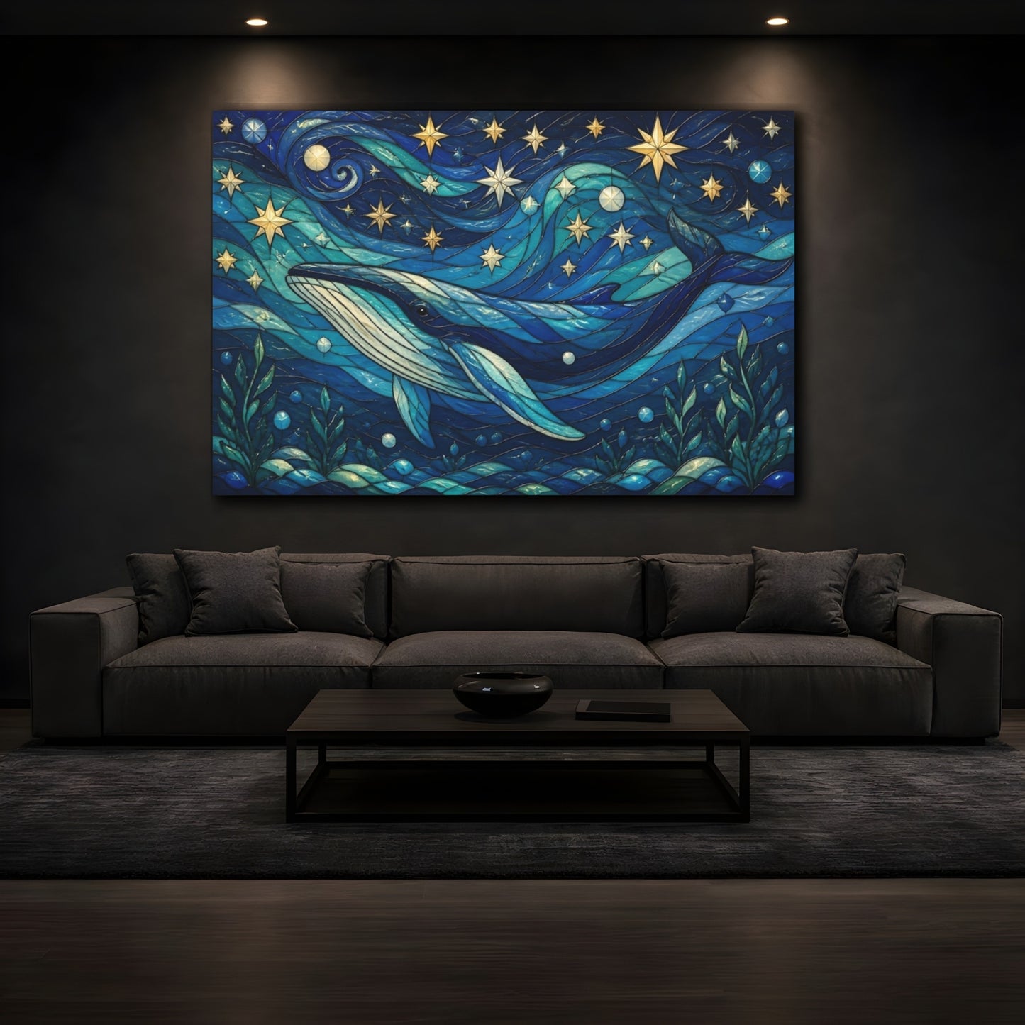Mockup 3. Celestial Blue Whale shown as canvas print